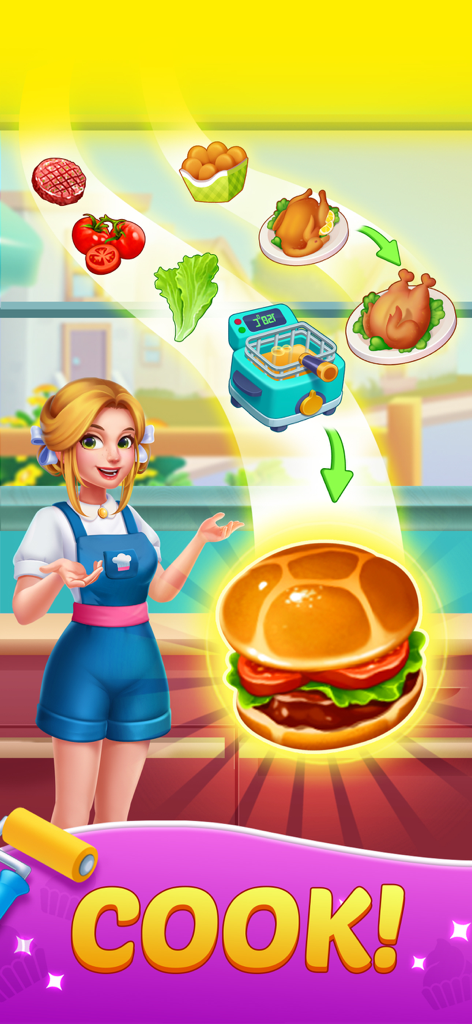 Merge Flavor: Decor Restaurant - A cartoon female chef named Ema presenting a large burger with a flow of ingredients like meat, tomatoes, and lettuce.