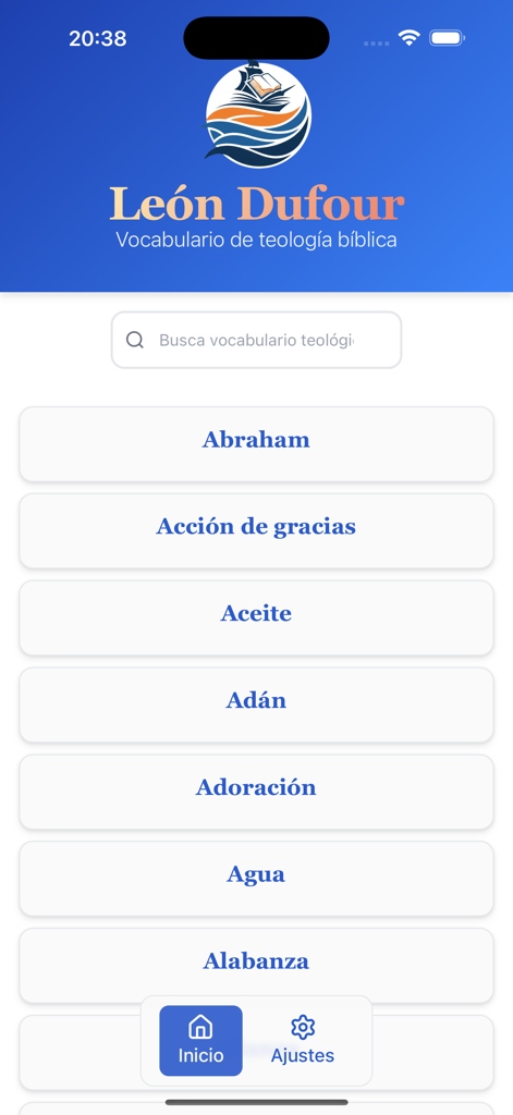 León Dufour: Biblia Jerusalén - Main screen of the Leon Dufour Biblical Theology Vocabulary app displaying a search bar and theological terms in Spanish
