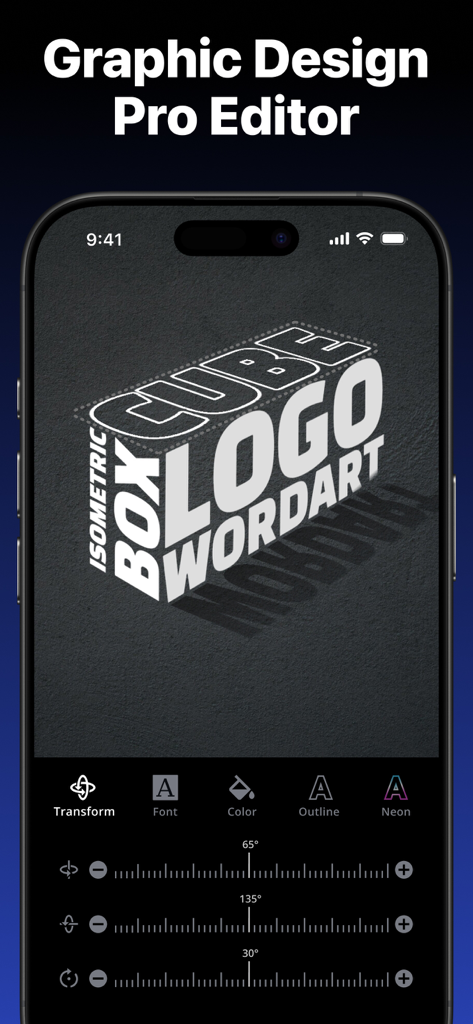 Tenada AI Photo Graphic Design - Tenadaアプリのモバイルインターフェースで、変換スライダー付きのプロフェッショナルな3Dタイポグラフィとアイソメトリックロゴデザインツールが表示されている。