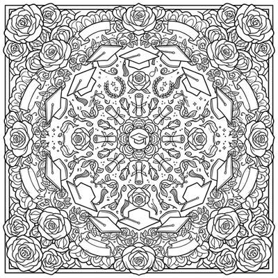 Honor academic achievements with this unique Graduation Rose Mandala coloring page. Its intricate design blends beautiful roses with symbols of success for a truly meaningful coloring experience.