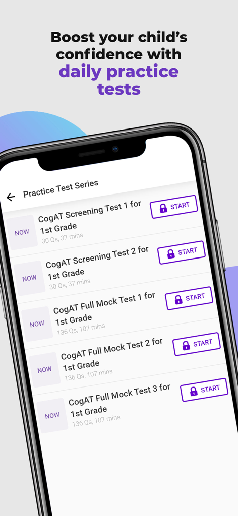 Une liste de tests de dépistage et de simulation CogAT pour les élèves de 1re année sur l'écran d'une application mobile.