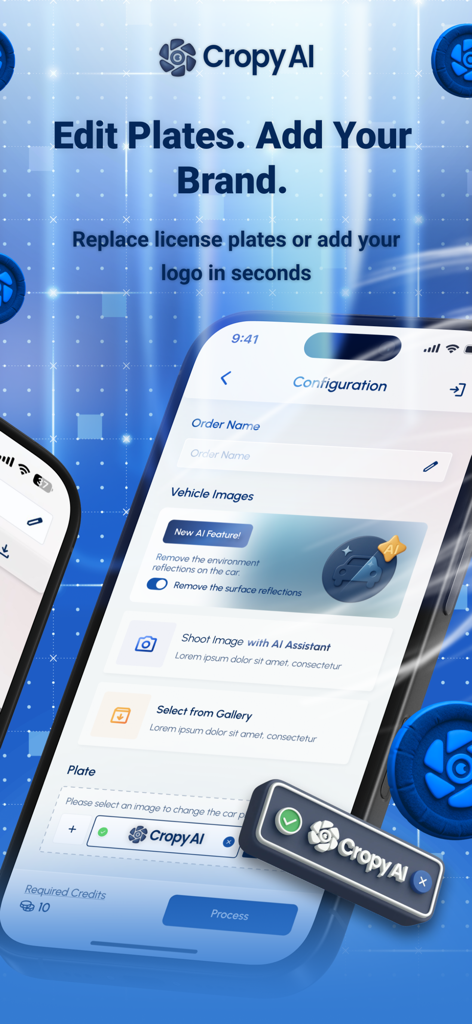 Cropy AI: Car Studio - Cropy AI mobile app interface showing license plate editing and dealer branding features for car photos