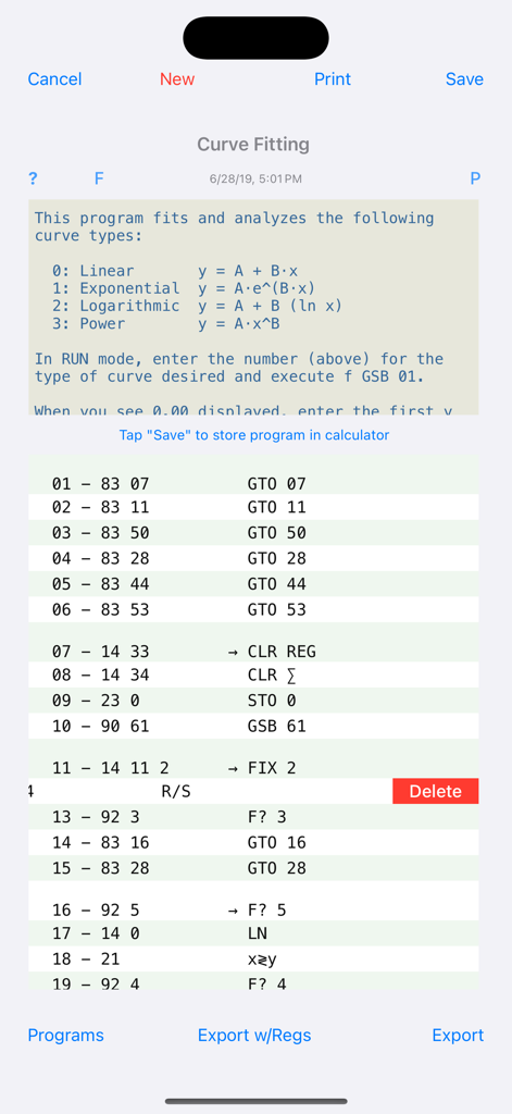 RPN-32 CE app screen showing program steps and instructions for curve fitting