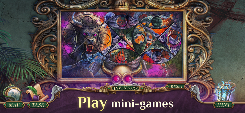 Grim Tales 26: Mystery Game - Stained-glass mini-game puzzle with lion and skull motifs in an ornate frame