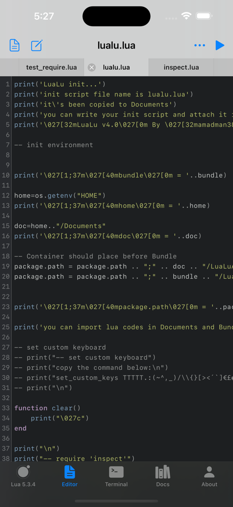 Lua IDE mobile code editor showing syntax highlighting for a script with navigation tabs