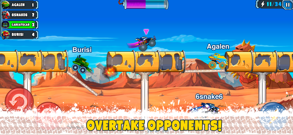 Car Eats Car Multiplayer Race - Multiplayer monster truck race showing cars competing on a desert track with pipes and obstacles.