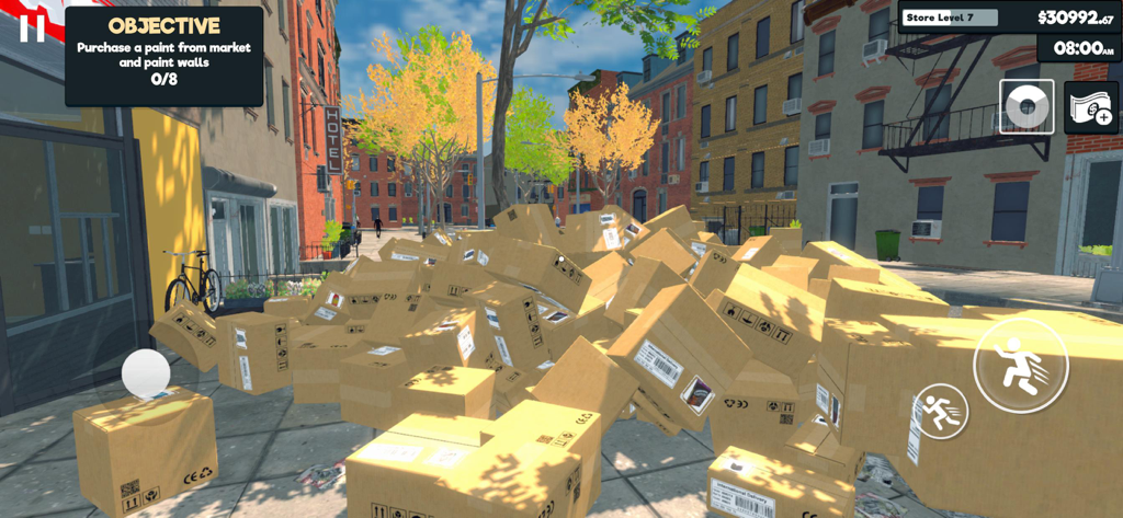 Large pile of cardboard delivery boxes on a city sidewalk in Supermarket Simulator 2026