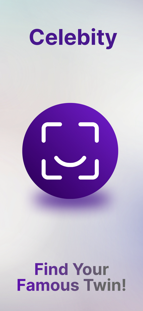 Your Famous Twin - Celebity - Celebity app screen with a purple face scan icon and the text Find Your Famous Twin