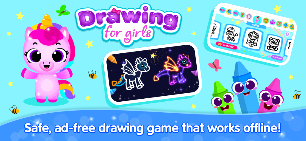 Kids Drawing Games for Girls - Promotional banner for Kids Drawing Games for Girls featuring a pink unicorn and colorful crayons