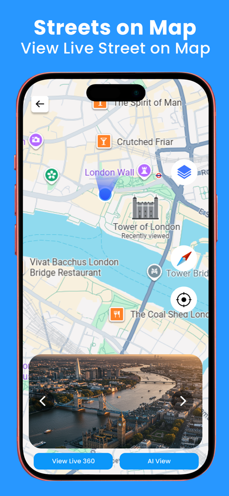 Street View Map & Navigation - A mobile app interface displaying a street map of London with a live street view preview of the Tower Bridge.