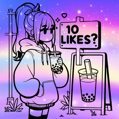 girl with oversized hoodie drinking boba and she has a high ponytail with a sign that says 10likes?