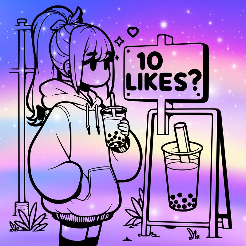 girl with oversized hoodie drinking boba and she has a high ponytail with a sign that says 10likes?