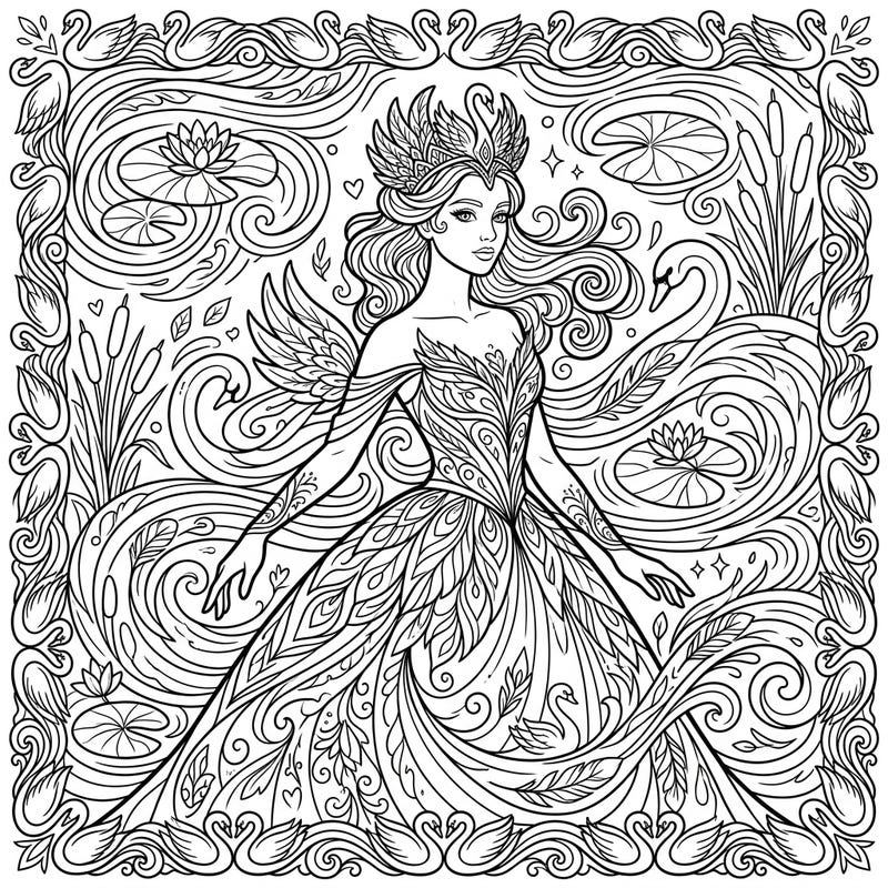 Immerse yourself in the elegance of Swan Lake with this beautifully detailed Odette coloring page, perfect for teens. Bring the graceful Swan Queen and her magical world to life with your unique color palette.