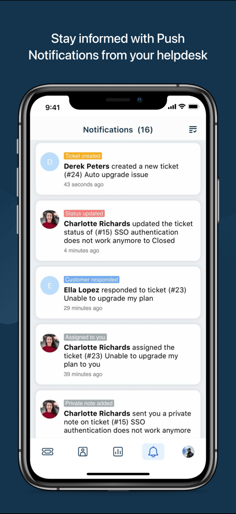 Freshdesk - Freshdesk mobile App-Benachrichtigungsbildschirm mit Echtzeit-Ticket-Updates und Kundensupport-Zuweisungen.