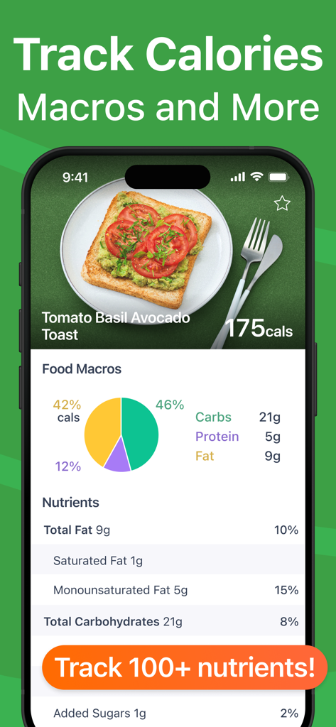Calorie Counter - MyNetDiary - Schermata dello smartphone dell'app MyNetDiary che mostra conteggi calorici, grafici a torta dei macro e dati nutrizionali dettagliati per un pasto
