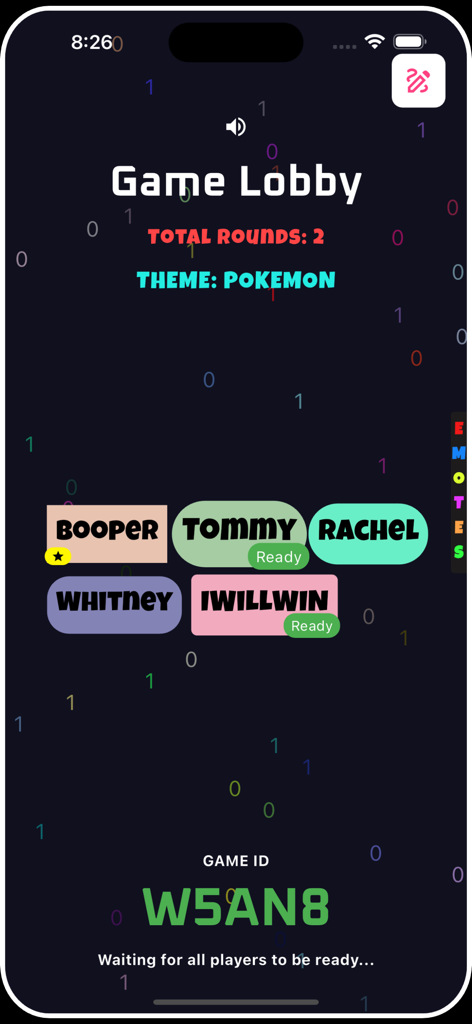Party Ai - A multiplayer game lobby screen in the Party Ai app showing five joined players and a Pokemon theme.
