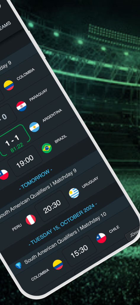 South American Qualifiers - Interfaz de la aplicación Eliminatorias Sudamericanas que muestra resultados de fútbol en vivo y el calendario de próximos partidos para equipos como Argentina y Brasil