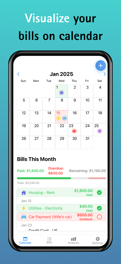 EZ Bill Organizer & Tracker - EZ Bill Organizer app interface showing a monthly calendar with colorful bill stickers and a detailed payment status summary.
