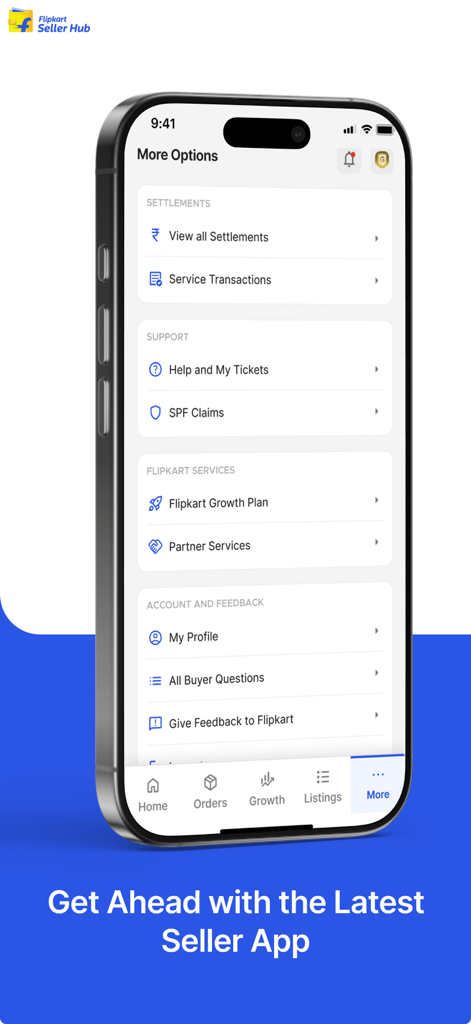 Flipkart Seller Hub - Flipkart Seller Hub mobile app displaying the more options menu for settlements and support