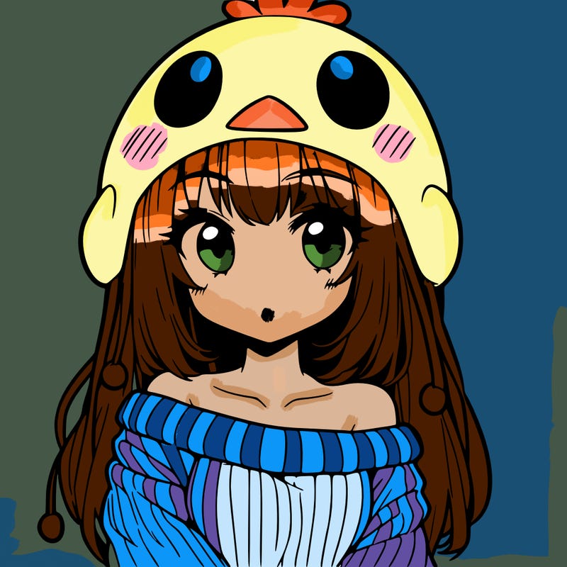 anime girl with chick shaped hat with sweater with bare shoulders with bangs covering them one eye with low tail