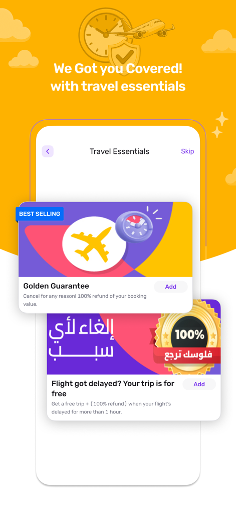 almatar: Book. Travel. Save - Una schermata mobile che mostra le opzioni di protezione del viaggio nell'app almatar, inclusi rimborsi per annullamento e risarcimento per ritardo del volo.