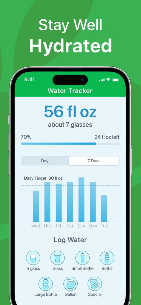 Screenshot of the MyNetDiary Water Tracker showing daily hydration progress, weekly intake charts, and logging icons on an iPhone.