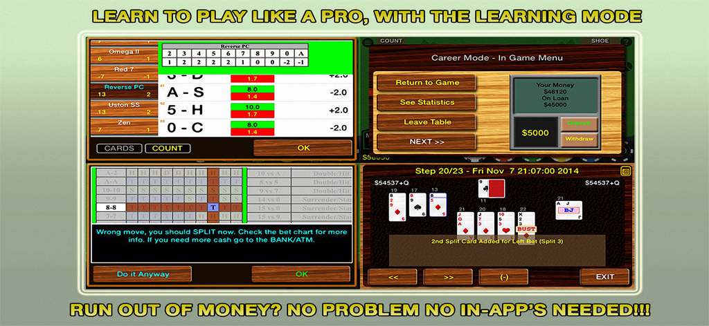 Blackjack 21 Pro Multi-Hand - Blackjack 21 Pro simulator learning mode and card counting interface