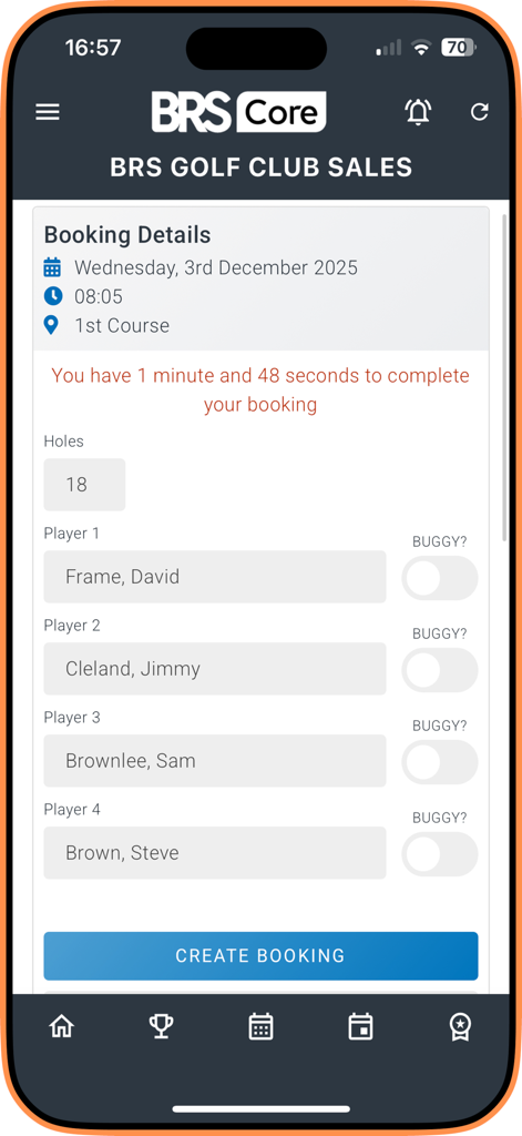 Tee time booking screen in the BRS Golf app showing player names and course details