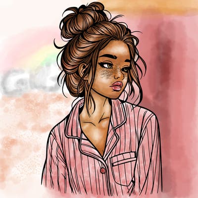 realistic woman with pajamas on and a messy bun