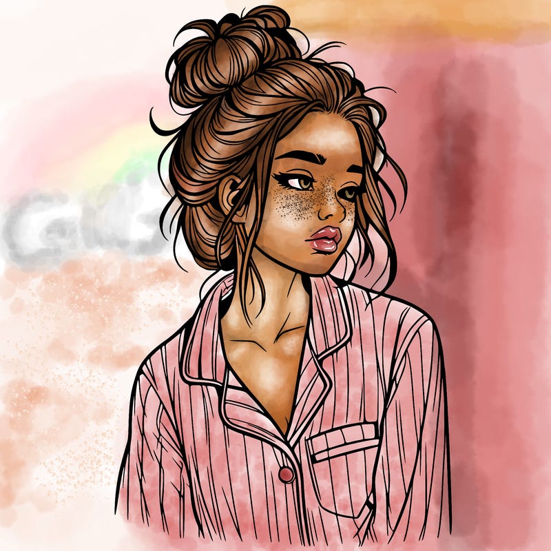 realistic woman with pajamas on and a messy bun