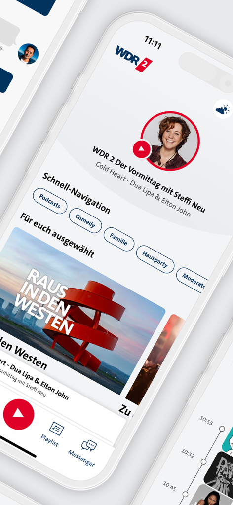 WDR 2 app home screen with live radio player and navigation menu