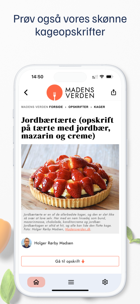 Madens Verden - Madens Verden app displaying a recipe for a strawberry tart with fresh glazed strawberries