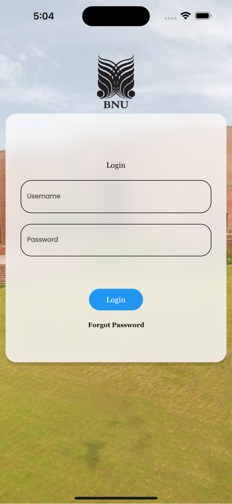 BNU CMS - Login screen of the BNU CMS mobile application showing username and password fields