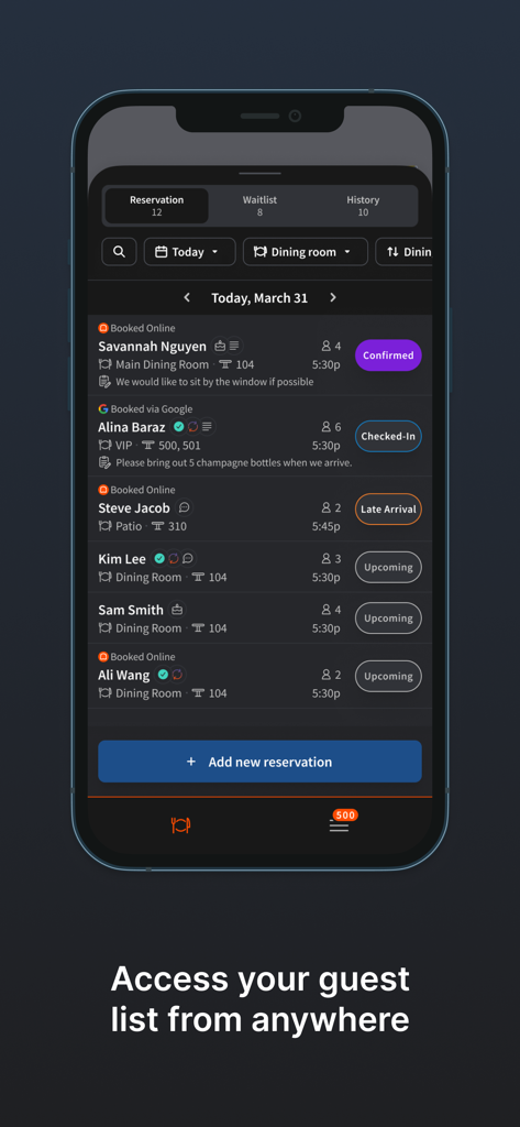 Toast Tables - Toast Tables app screenshot showing a restaurant guest list with reservation statuses on a mobile phone