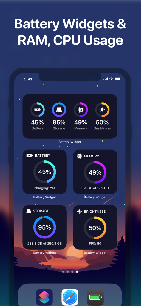 Battery Widget: CPU x Monitor - Pantalla de inicio del iPhone mostrando varios widgets coloridos para el nivel de batería, capacidad de almacenamiento, uso de memoria y brillo de pantalla.