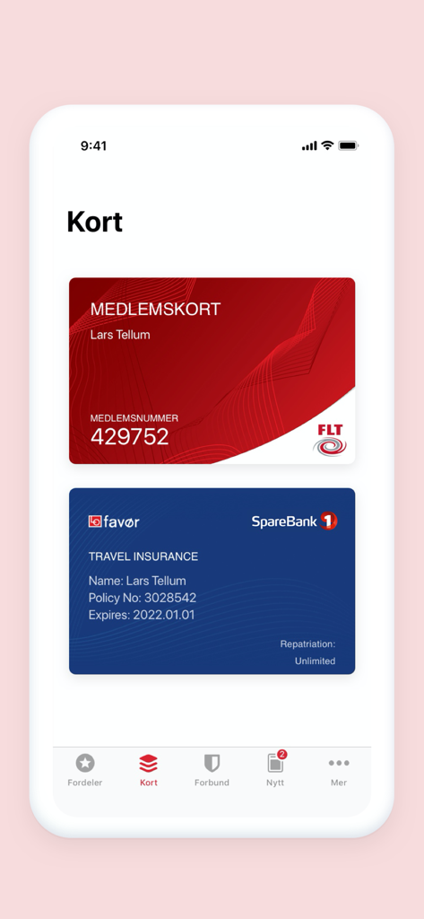 LOfavør - Digital membership card and travel insurance certificate displayed within the LOfavør mobile application interface