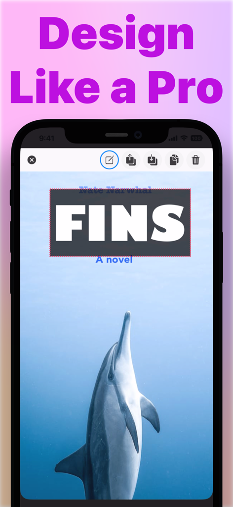 Captura de pantalla de la aplicación NovelArt que muestra una interfaz para diseñar una portada de libro profesional titulada FINS con una imagen de delfín.