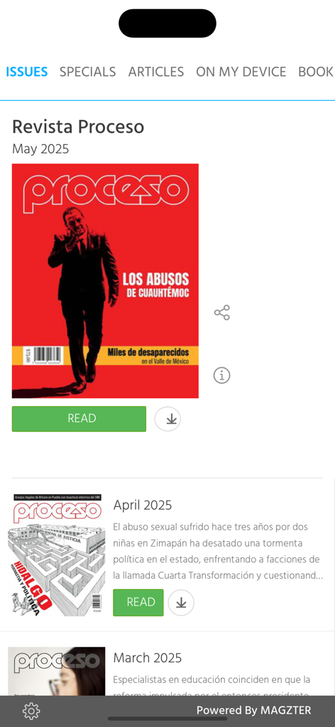 Revista Proceso mobile app interface displaying a library of monthly digital magazine issues with options to read and download.