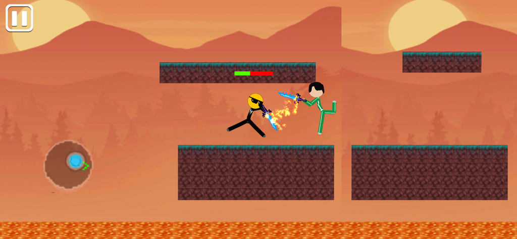 Due personaggi stickman duellano con spade blu luminose su una piattaforma in un'arena al tramonto desertico.