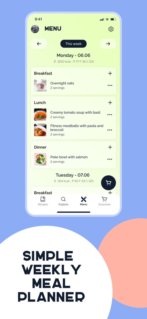 Weekly meal planner app interface showing a daily menu for breakfast lunch and dinner with calories and macronutrients