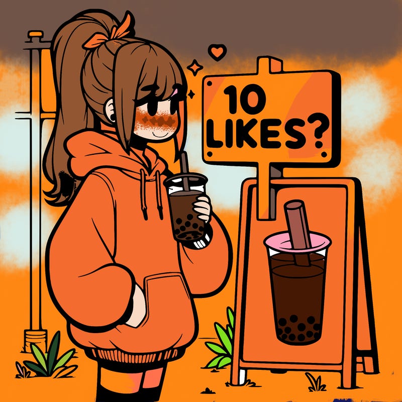 girl with oversized hoodie drinking boba and she has a high ponytail with a sign that says 10likes?