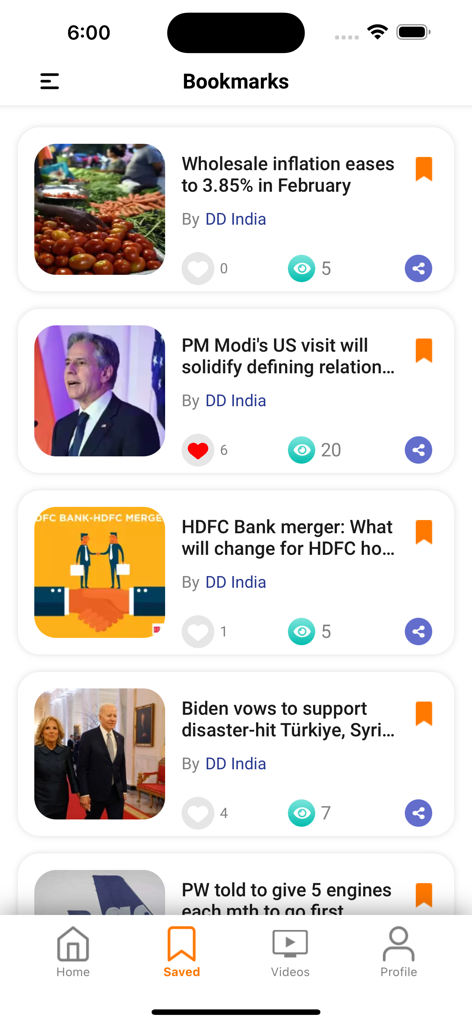 DDIndia - Bookmarks screen of the DD India app displaying a list of saved news articles covering economic, political, and international events.