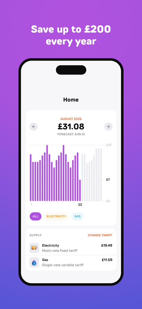 Fuse Energy - Fuse Energy app dashboard displaying a bar chart of daily energy consumption and monthly billing details for electricity and gas.