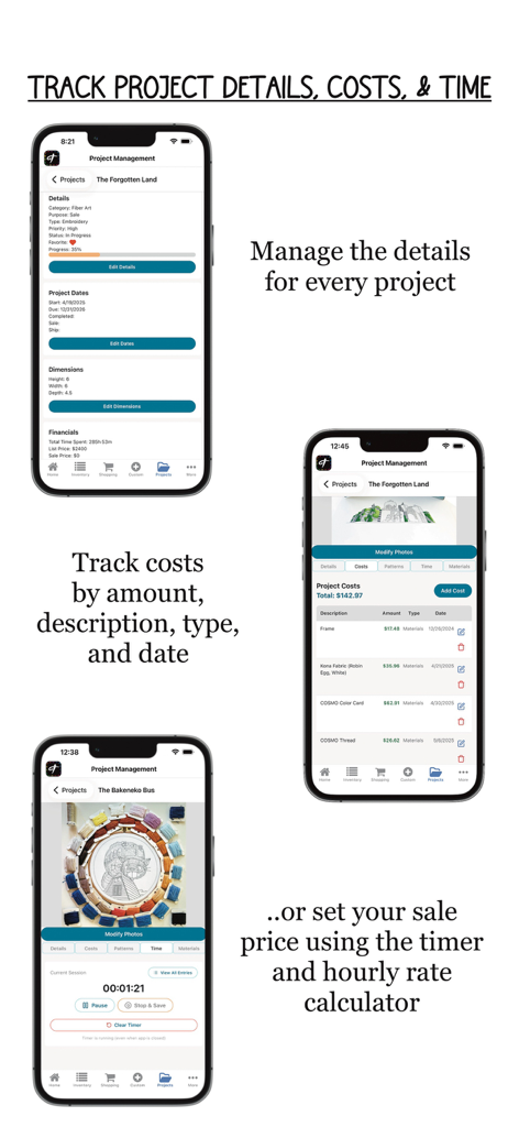 Threadster - Pantallas de la aplicación Threadster que muestran detalles del proyecto, seguimiento de costos de materiales y un temporizador de sesión incorporado para proyectos de manualidades