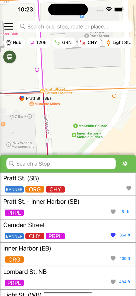 Passio GO - Passio GO navigation app showing a map with nearby bus stops and route information
