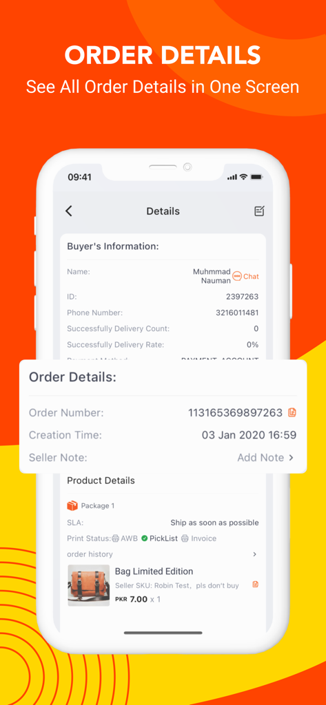 Screenshot of the Daraz Seller Center app showing a detailed order view including buyer information and product details