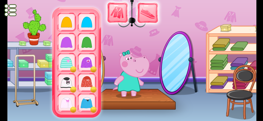 Wedding party planner game new - Un hipopótamo de dibujos animados eligiendo ropa y accesorios en una tienda de bodas de un juego móvil