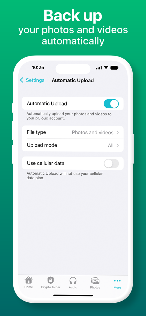pCloud App-Oberfläche, die Einstellungen für automatische Foto- und Video-Backups auf einem iPhone zeigt