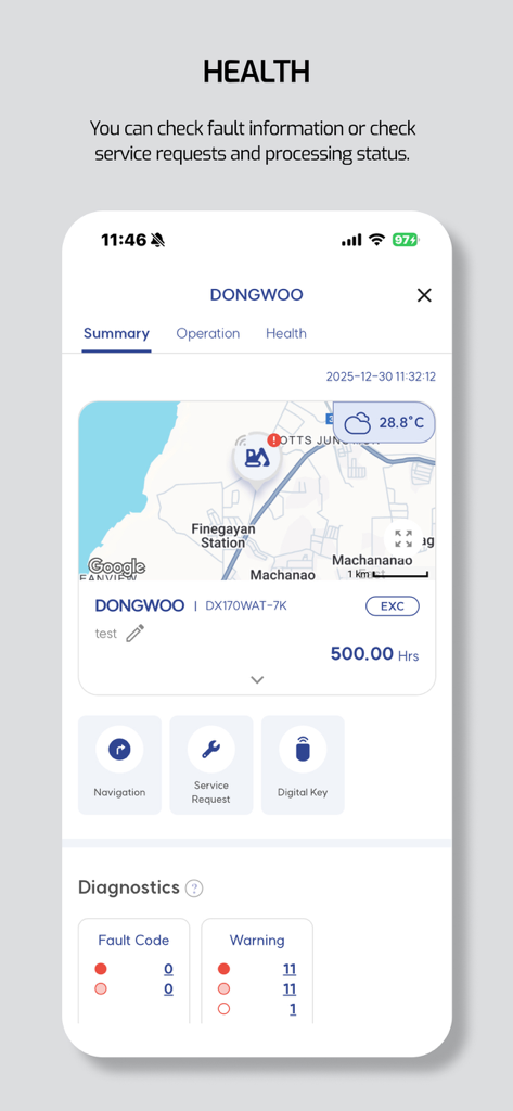 MY DEVELON - Health and diagnostics dashboard for DEVELON construction machinery