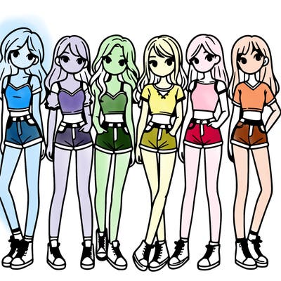 a group of girls wearing crop tops and shorts